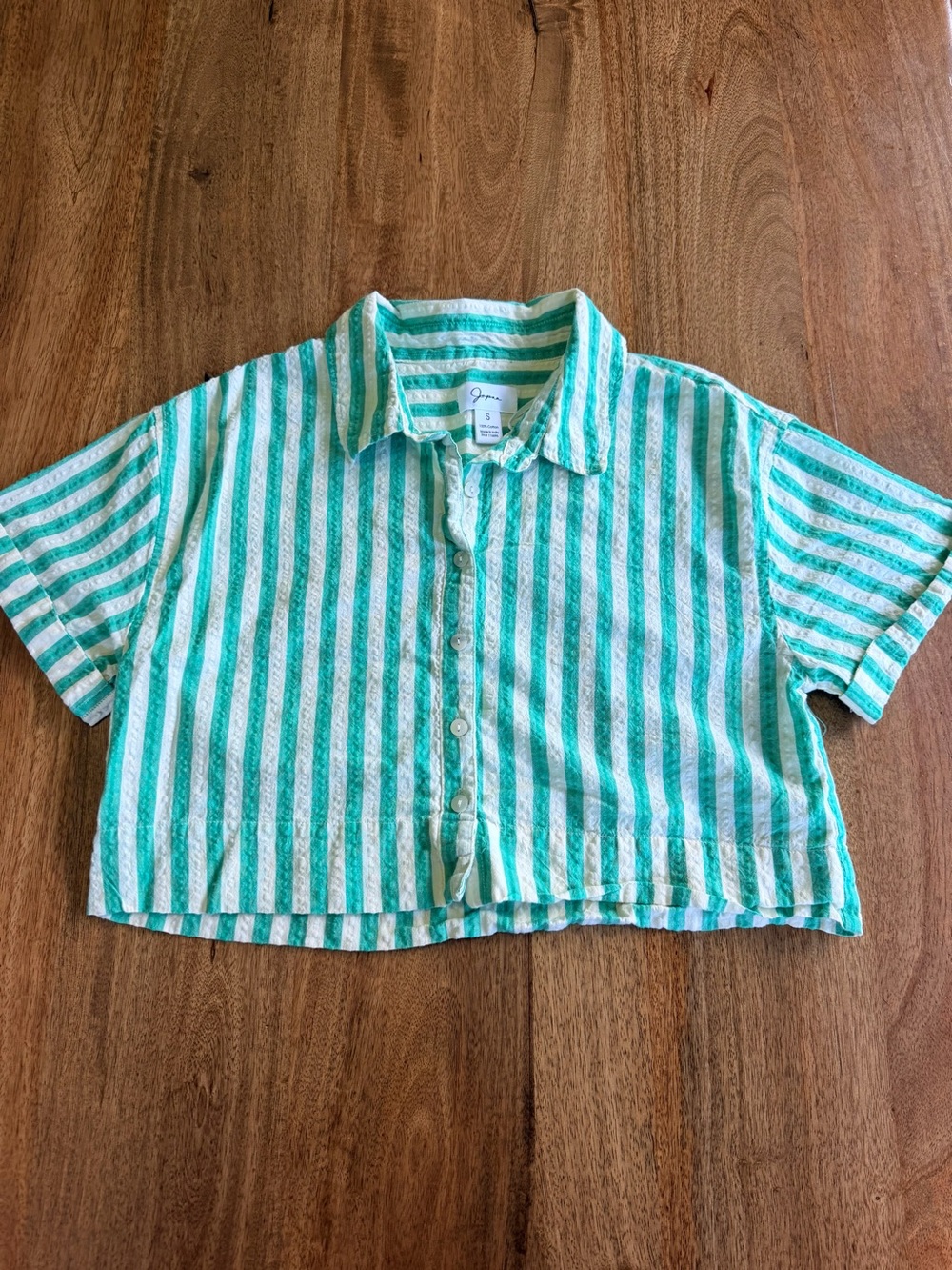 Japna Green & White Striped Cropped Button-Front Shirt